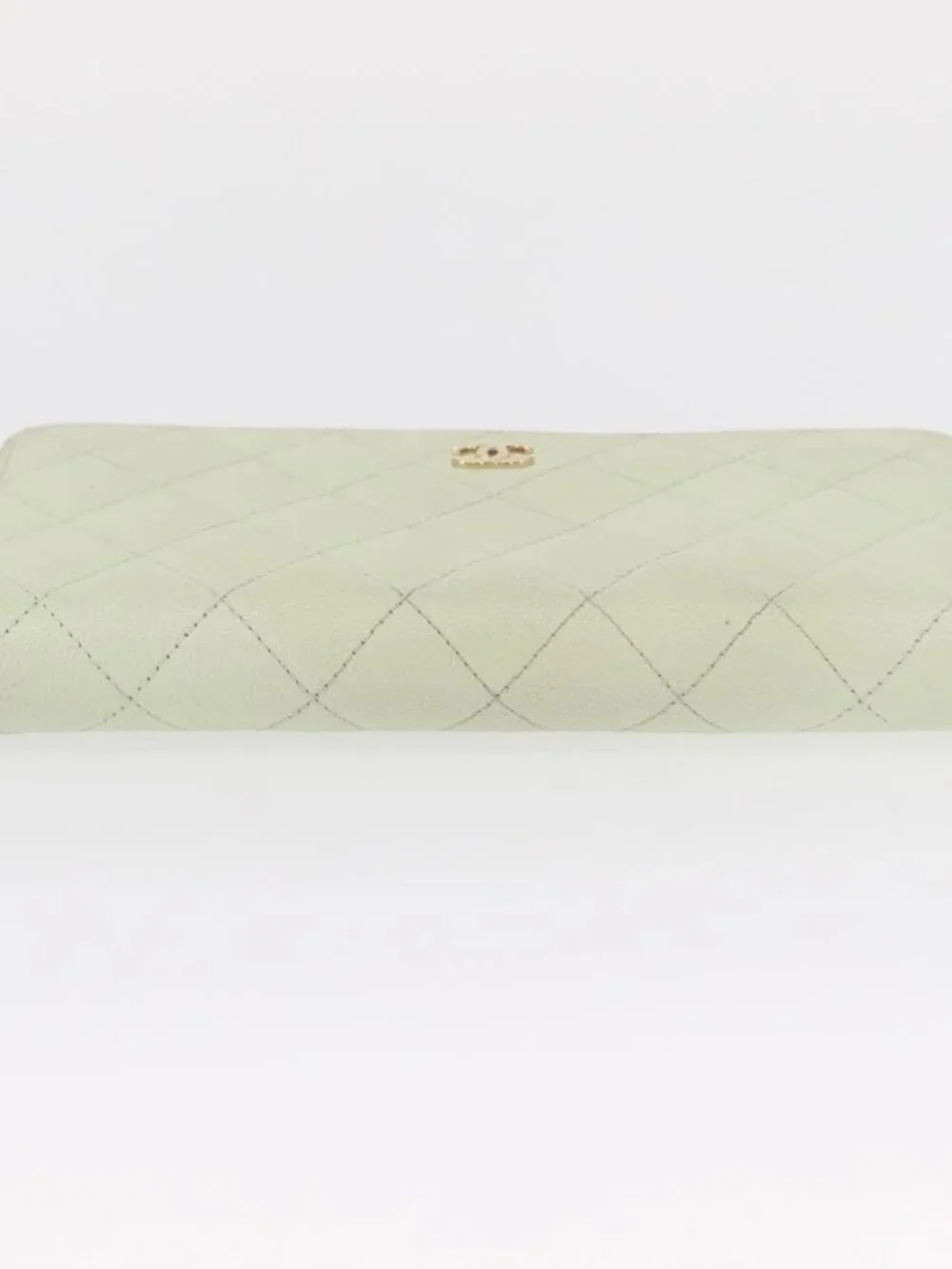 CHANEL Long Wallet Grained Calf Skin Green Gold CC Auth 164071A